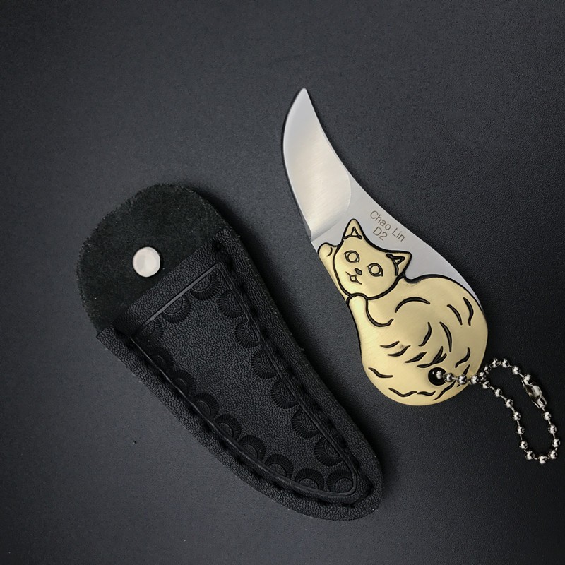 нож EDC с котиком 08 - Мини-нож EDC с котиком, сталь, латунная ручка