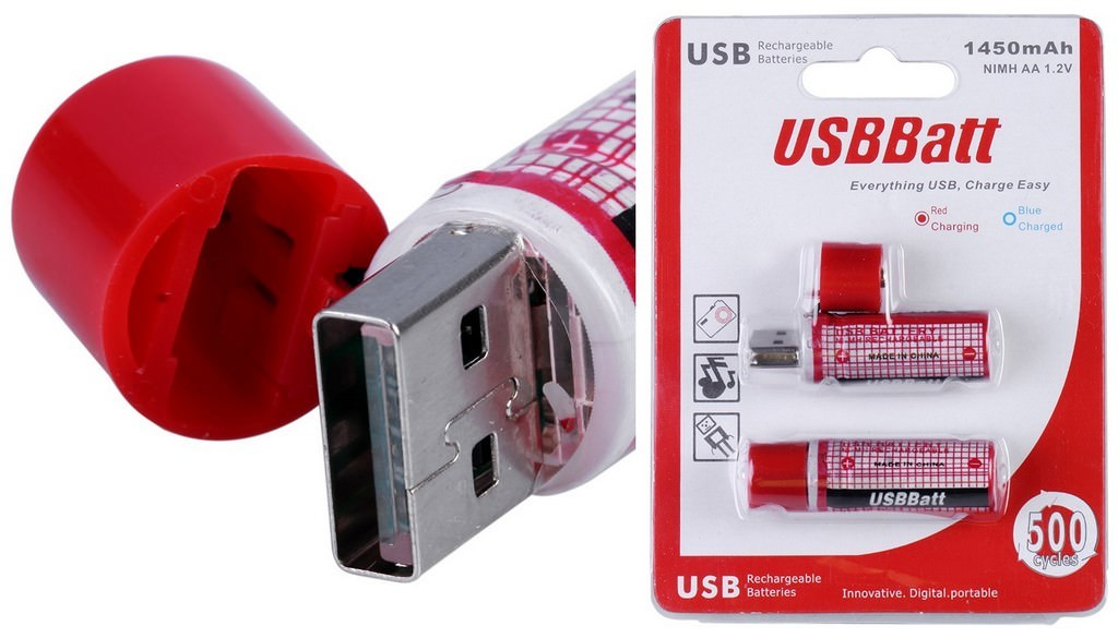 11003 - Пальчиковая аккумуляторная USB-батарейка (АА) - 1450 мAч, NiMH, 500 циклов, 2 штуки