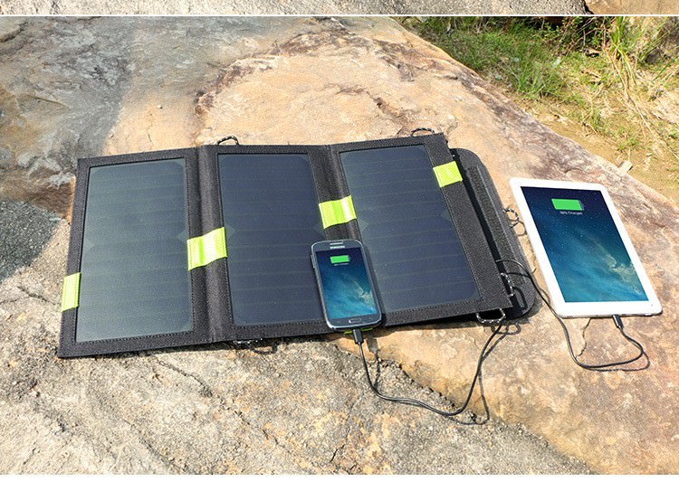 13395 - Солнечное зарядное Allpowers X-DRAGON 20Вт для мобильных телефонов и планшетов: 3 панели, 2 USB-порта, карабин