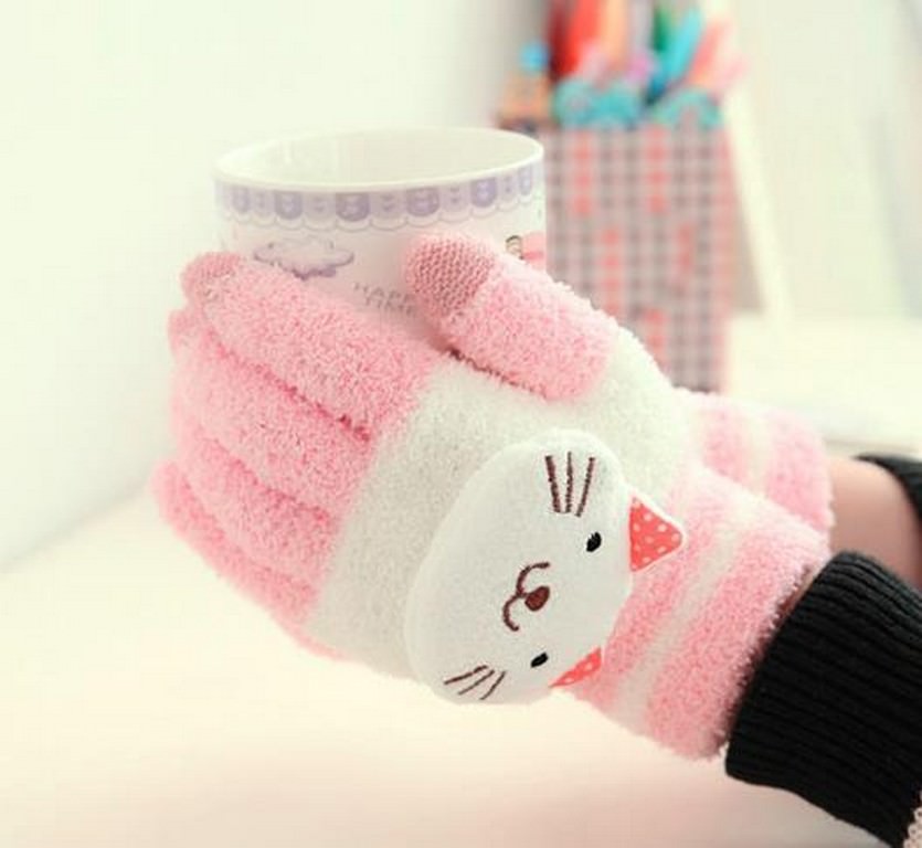 25816 - Очаровательные теплые перчатки Kitty с трехмерным принтом для работы с сенсорным экраном